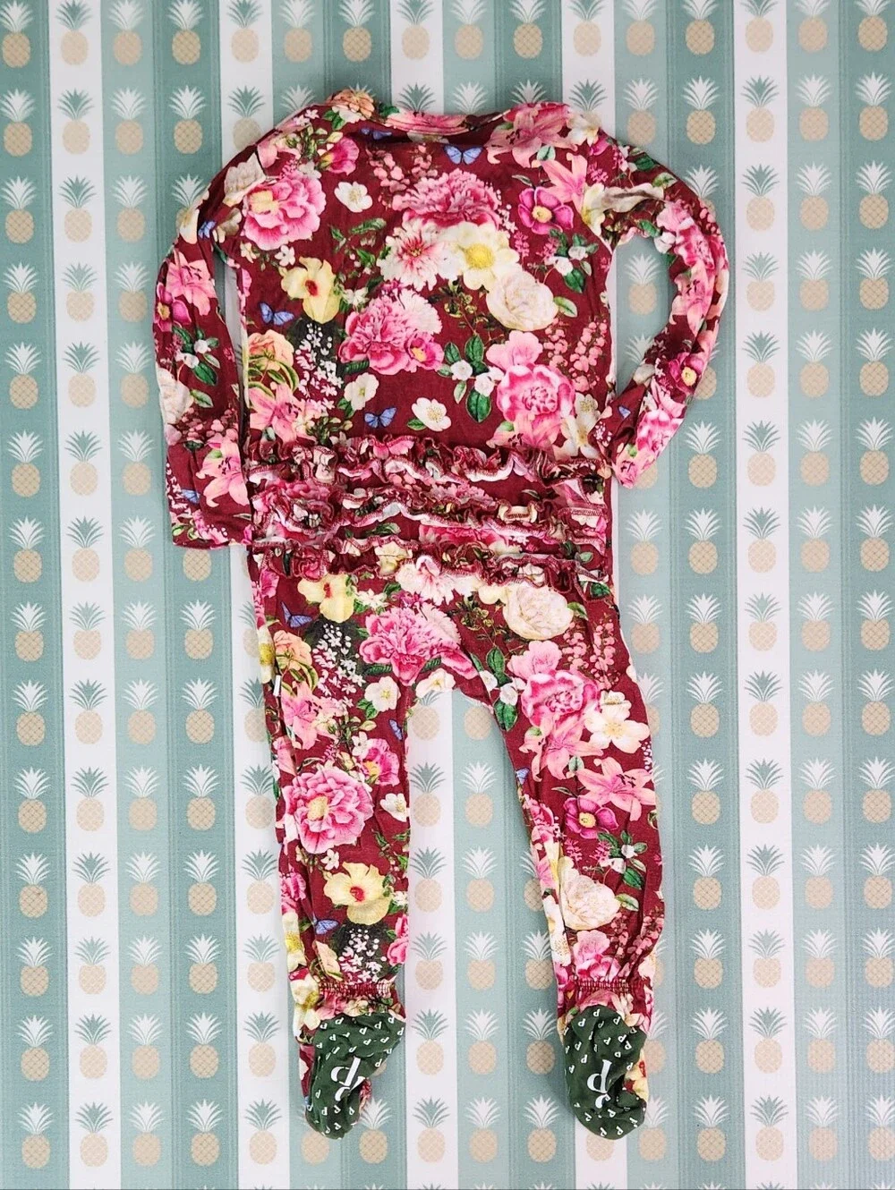 Posh Peanut Burgundy Floral Footed Pajama Set with Matching Headwrap